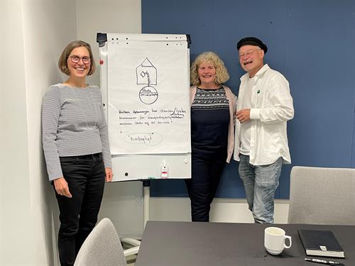 Auf dem Bild sind drei Personen zu sehen, die nebeneinander stehen und in die Kamera lächeln. Zwischen der linken und der mittleren Person steht ein Flipchart, auf dem etwas aufgezeichnet- und geschrieben wurde.